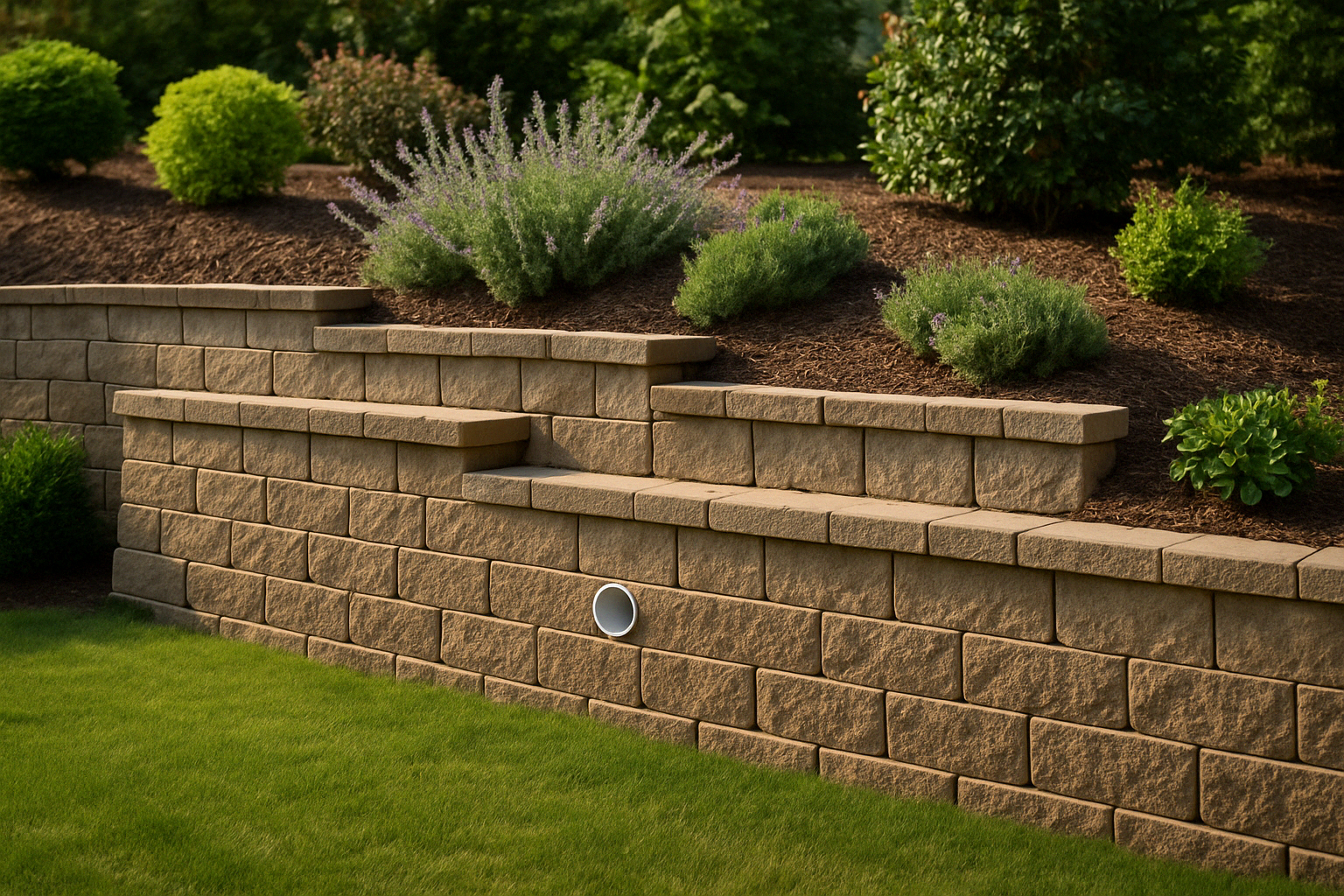 Tiered beige retaining wall in a landscaped backyard with flowering plants, shrubs, and mulch, shown under soft daylight with a drainage outlet visible