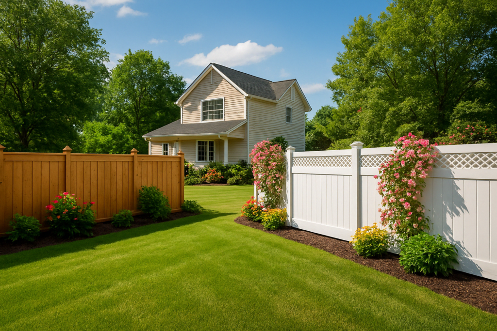 Residential property with contrasting wood and vinyl fence styles