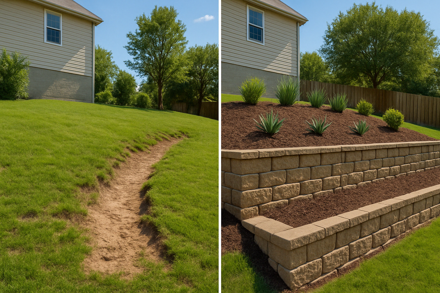 Side-by-side comparison of a sloped Knoxville backyard before and after a retaining wall installation.