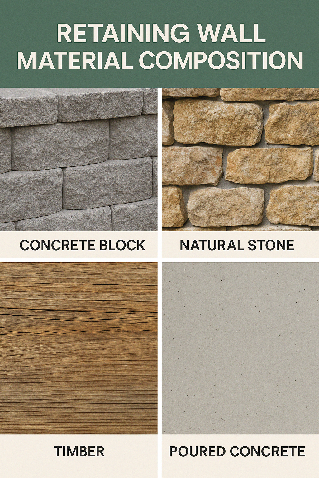 Close-up images of retaining wall materials including concrete block, natural stone, timber, and poured concrete