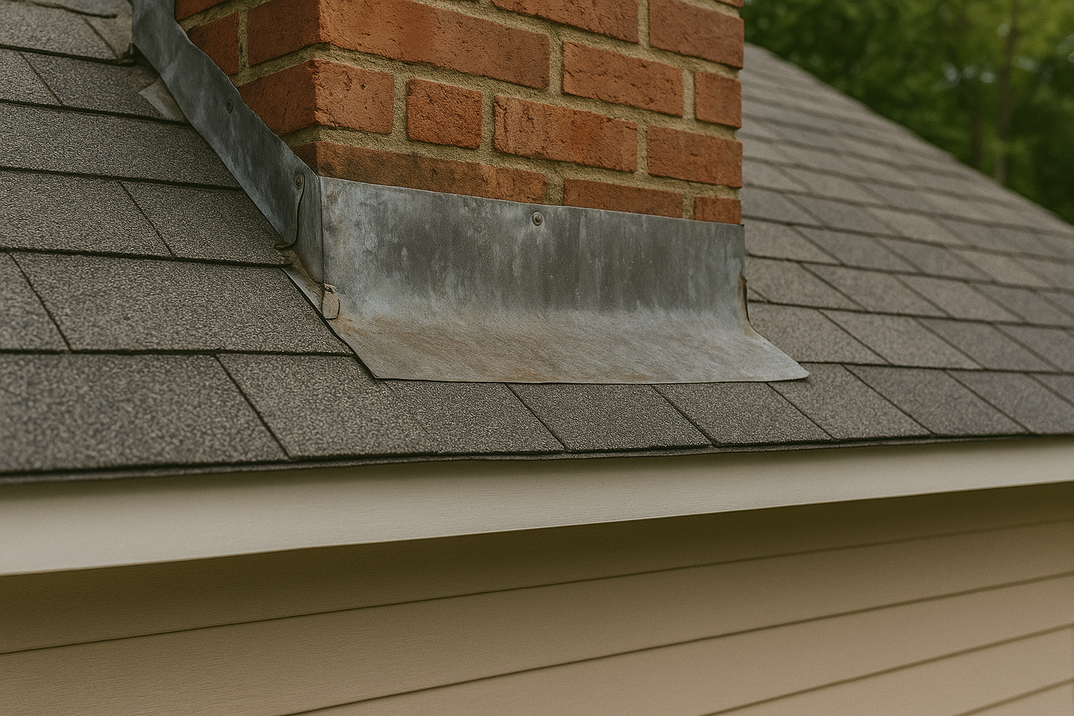 A close-up view of a brick chimney on an asphalt shingle roof, showing aged and slightly rusted metal flashing at the base, with beige siding and trees in the background.