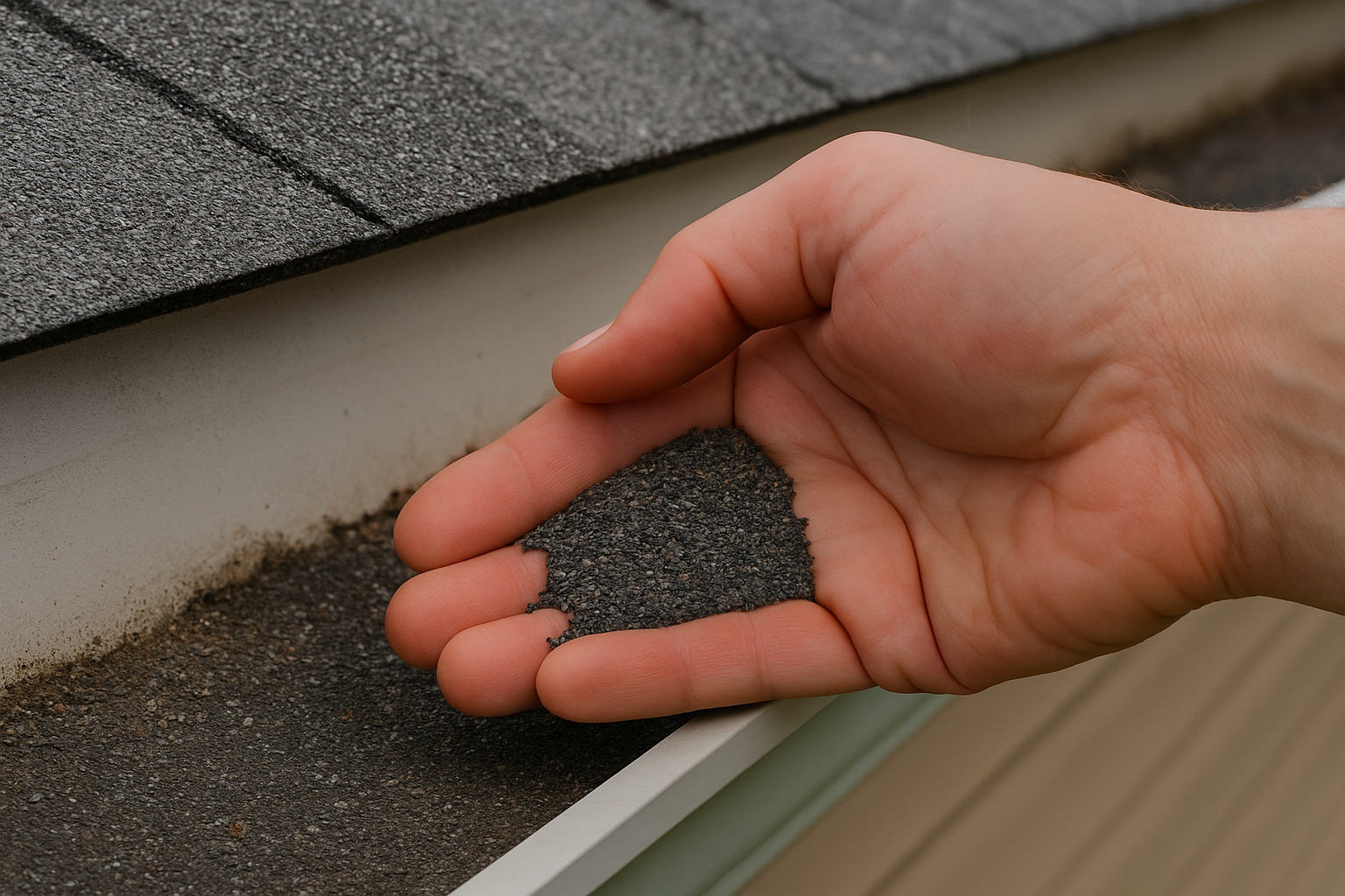 A close-up of a hand scooping dark roofing granules from a white metal gutter beneath a shingled roof, with beige vinyl siding blurred in the background.
