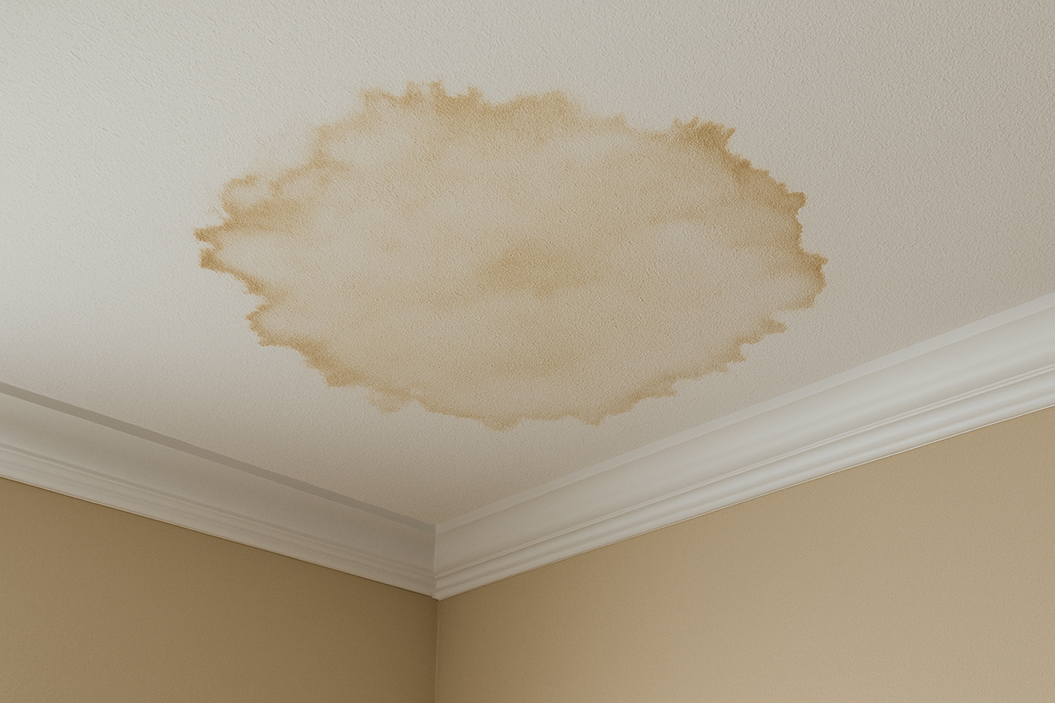 A large, brownish water stain spreads across a white textured ceiling near a corner with white crown molding and tan walls, indicating potential roof leakage.