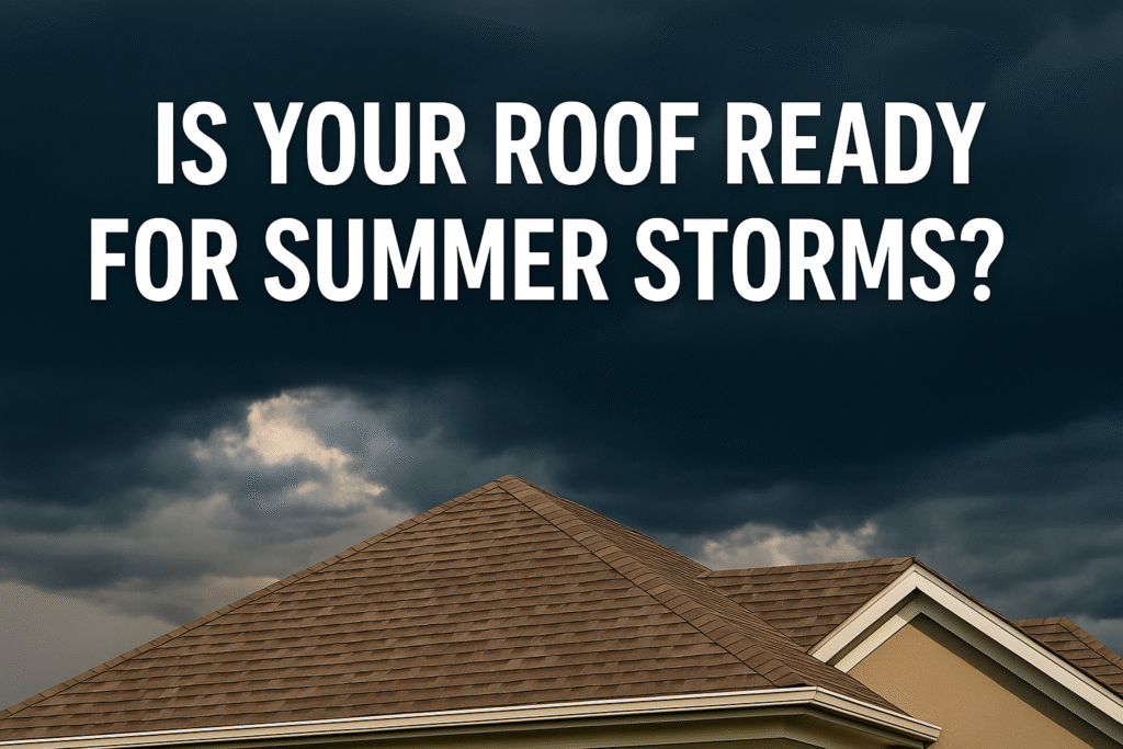 A suburban roof under dramatic storm clouds with bold white text reading “Is Your Roof Ready for Summer Storms?” across the top, formatted for Facebook’s 1.91:1 preview ratio.
