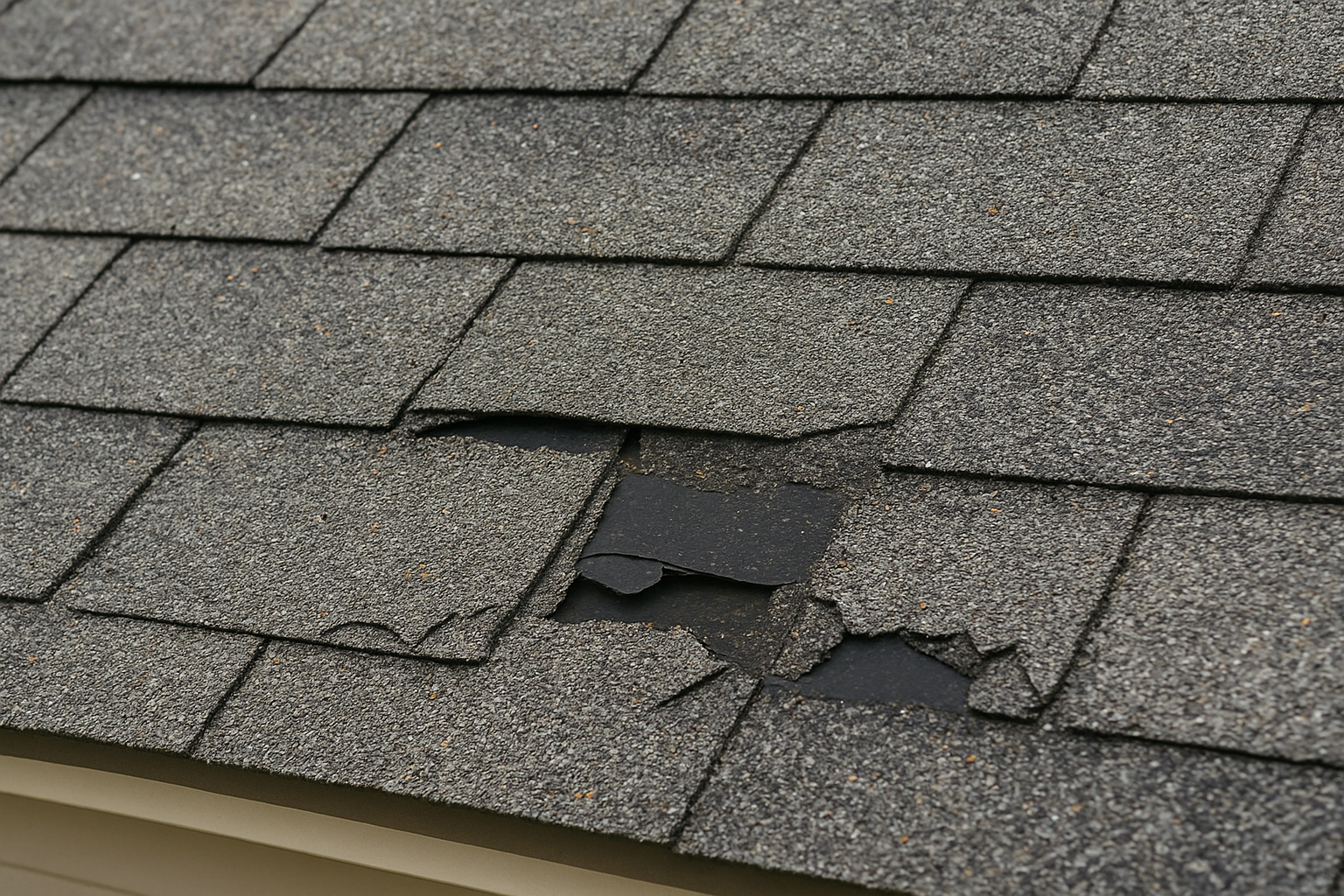 A close-up of an asphalt shingle roof showing several missing and cracked shingles with exposed black underlayment beneath. The surrounding shingles are weathered, with curling edges and worn surfaces.