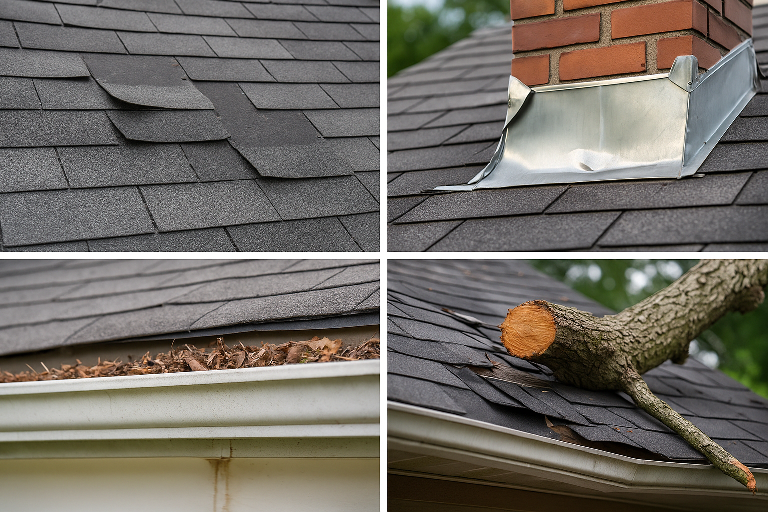 Collage of typical roof repair issues in Knoxville including missing shingles, damaged flashing, clogged gutters, and storm damage.”