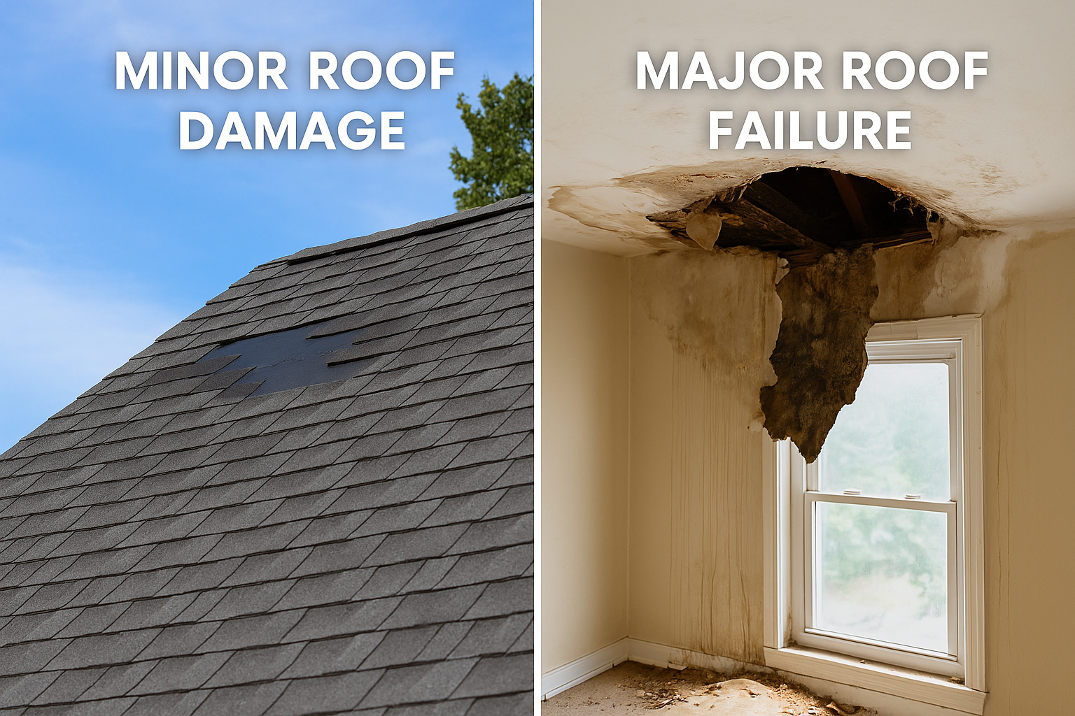 Before-and-after view of roof damage in Knoxville: minor missing shingles vs. major interior ceiling collapse from untreated leak.”