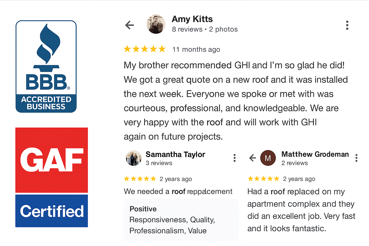 Customer testimonials for Green Home Installations displayed alongside BBB Accredited Business and GAF Certified logos, highlighting positive roofing reviews and trust certifications